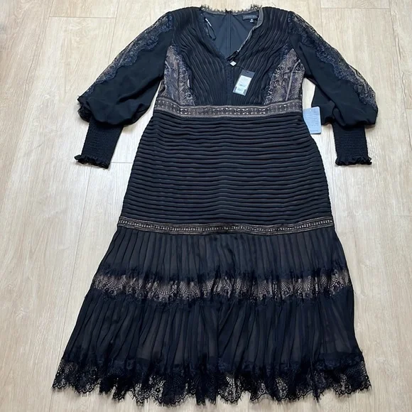 Tadashi Shoji Lace Pintuck Long Sleeve Midi Cocktail Dress, Size 16 1347 - Picture 5 of 14